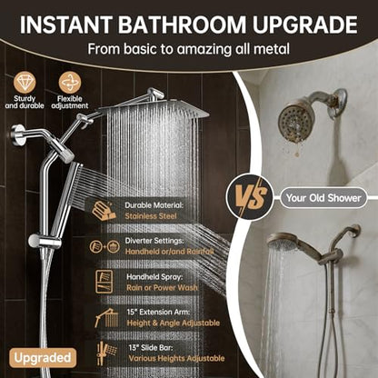 Veken All Metal 10"Luxurious Rain Shower Head with Handheld Spary,Power Jet | Square,Dual High Pressure Showerhead Combo,Double Detachable Shower Heads,Rainfall with Extension Arm,Long Hose,Chrome,Silver - color: Chrome, size: 10 Inch