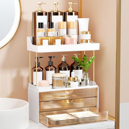 StorBin Arcylic 5-Tier Makeup & Skincare Organizer for Vanity, Bath | Smooth 3 drawers, clear body, gold frame, non-slip, for perfumes, serums, face masks, palettes, vanity & bath counter,Amber - color: Amber, size: 3 Drawers
