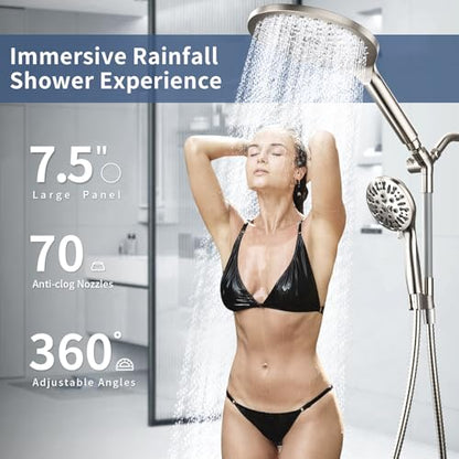 High Pressure Dual Shower Head with Handheld Spray Combo | 9 Spray Modes Handheld Showerhead, Double Rainfall Structure, Waterfall Shower Equipped with 79-Inch Hose, Brushed Nickel - color: Brushed Nickel