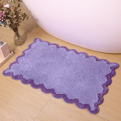 ORTIGIA Cute Purple Scalloped Bath Mat, Fun Plush Microfiber Scallop Bathroom Rugs Non Slip Washable Quick Dry Absorbent, Bath Rug Carpet for Shower Stall Vanities Kitchen Floor Entrance, 20x32 - color: Purple, size: 1'8" x 2'8" (Scalloped)