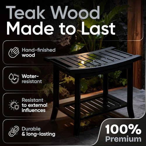 Teak shower bench with Storage Shelf, Shower Stool for Inside Shower, Waterproof Shower Bench Seat, Shower Chair for Inside Shower, Wood Bench, Bathroom Bench (Natural Wood) (Black Wood) - color: Black Wood