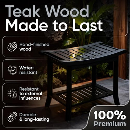 Teak shower bench with Storage Shelf, Shower Stool for Inside Shower, Waterproof Shower Bench Seat, Shower Chair for Inside Shower, Wood Bench, Bathroom Bench (Natural Wood) (Black Wood) - color: Black Wood