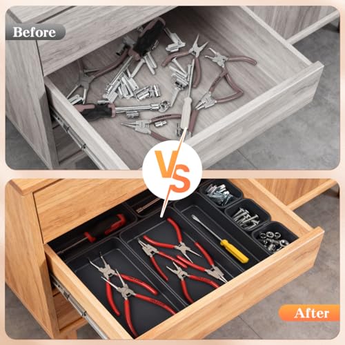 Kutesna 8PCS Plastic Interlocking Drawer Organizer, 3 Sizes Desk Organizer | Versatile Storage Trays, Versatile Plastic Storage Bins for Makeup Vanity, Jewelries, Kitchen Utensils, Bathroom and Office