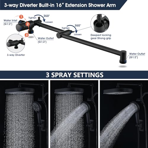 PDPBath 14 Inch Rain Shower Head with 5+1 Settings Handheld Spray Combo, High Pressure Rainfall Shower Head with 16'' Upgrade Adjustable Extension Arm, 79" Extra Long Hose, 3-Way Diverter, Matte Black - color: Matte Black