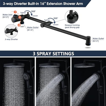 PDPBath 14 Inch Rain Shower Head with 5+1 Settings Handheld Spray Combo, High Pressure Rainfall Shower Head with 16'' Upgrade Adjustable Extension Arm, 79" Extra Long Hose, 3-Way Diverter, Matte Black - color: Matte Black