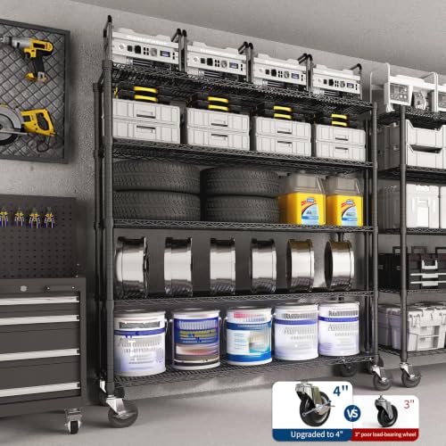 Garvee Storage Shelves, 5-Tier Metal Shelving Units with Wheels, 73" H x 59" W x 17.1" D, 3300 LBS Heavy Duty Wire Shelving Rolling Rack for Garage Kitchen Home Basement, Adjustable, Black | 76.8"Hx59"Wx17.7"D, Adjustable, Heavy Duty, Wire Shelving Rack,