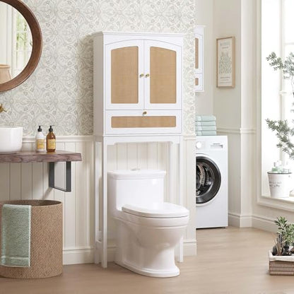 Spirich Over the Toilet Storage Cabinet with Arched Rattan Doors, White | Tilt-Out Storage Cube, Adjustable Shelf, 33-Inch Clearance, Anti-Tip Bracket, Freestanding Bathroom Organizer for Toiletries - style: Arched