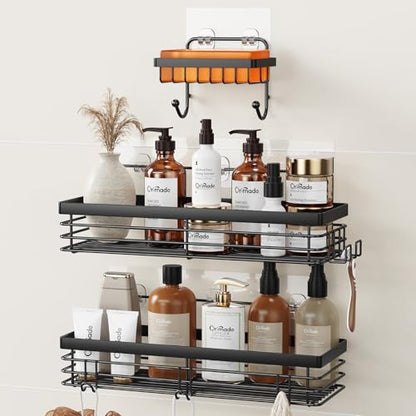 Orimade Adhesive Shower Caddy Soap Dish Holder Shelf with 5 Hooks Bathroom Organizer Basket Kitchen Storage Rack Wall Mounted No Drilling Stainless Steel - 3 Pack, Black - color: Black - 2 Pack with Soap Dish