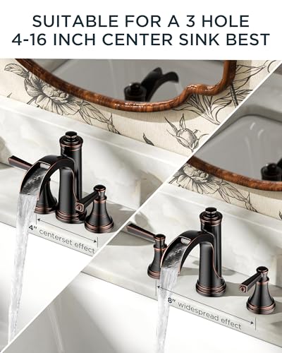 FORIOUS Oil Rubbed Bronze Bathroom Faucet 3 Hole, Waterfall Bathroom Faucet | 2 Handle Brass Waterfall Faucet for Bathroom Sink 3 Hole, 3 Pieces Antique Bronze Bathroom Faucet Widespread with Mteal Drain - color: Oil Rubbed Bronze