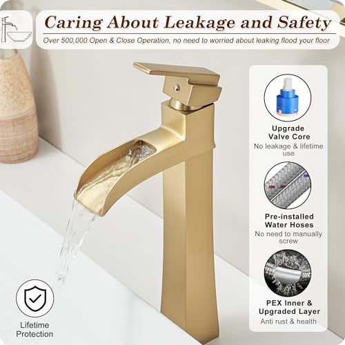 Brass Vessel Sink Faucets, Brushed Gold Tall Bathroom Faucet Single Handle, 1 Hole Bathroom Sink Faucet Waterfall Farmhouse Single Faucet Bathroom Sink with Pop-Up Drain & Pre-Installed Hoses - color: Brushed Gold - Elegant