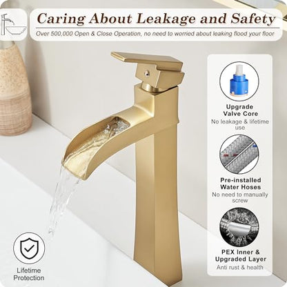Brass Vessel Sink Faucets, Brushed Gold Tall Bathroom Faucet Single Handle, 1 Hole Bathroom Sink Faucet Waterfall Farmhouse Single Faucet Bathroom Sink with Pop-Up Drain & Pre-Installed Hoses - color: Brushed Gold - Elegant