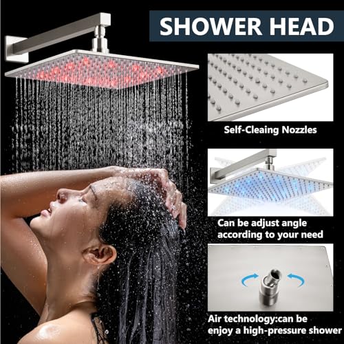 Aolemi Shower Faucet Set with Valve Handheld 12" LED Head Brushed Nickel | Handheld Spray,12 Inch Rain LED Head,Valve and Trim Kit,All Metal,Wall Mount Shower System,Bathroom Mixer - color: Nickel, size: 12 Inch LED Shower Head