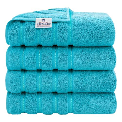 American Soft Linen 100% Cotton Luxury Turkish Towels, 4 PC Bath Towel Set | Soft Absorbent Quick Dry OEKO Tex Standard 100 Certificated Durable Machine Washable Premium Hotel Quality - color: Aqua Blue, size: 27"x54"