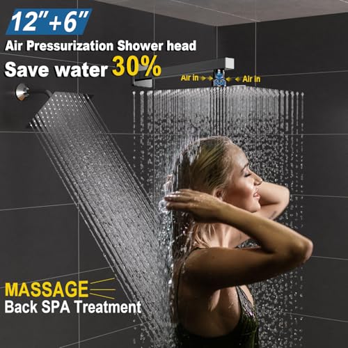 Enga Thermostatic Dual Shower System, 12"+6" Wall Mount Dual Rain Shower Faucet, All Functions Use Together & Volume Adjustable, Chrome - color: Chrome, style: ‎12"+6" Head