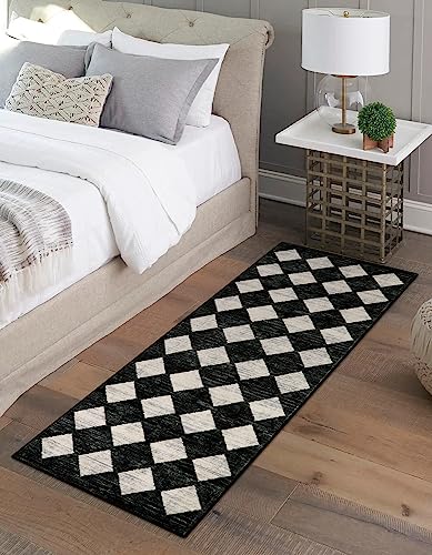 Checkered Kitchen Runner Rug 2x6 Black, Non Slip Washable Hallway Bathroom - color: Black, size: 2' x 6' (Runner)