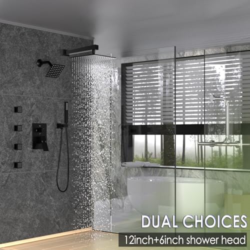 Enga Dual Shower Head System with Body Jets, 12"+ 6" Wall Mounted Dual Rain Shower Faucet with Valve Kit, Matte Black - color: Matte Black, style: Wall-12"+6"+Jets