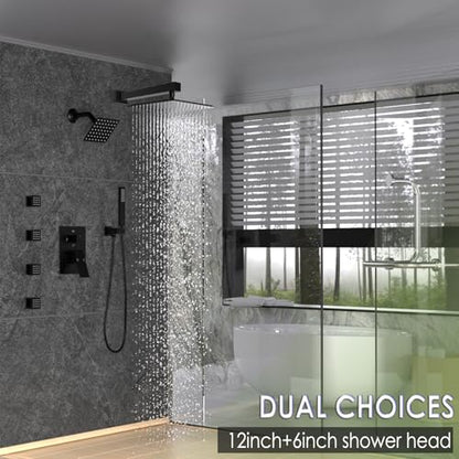 Enga Dual Shower Head System with Body Jets, 12"+ 6" Wall Mounted Dual Rain Shower Faucet with Valve Kit, Matte Black - color: Matte Black, style: Wall-12"+6"+Jets