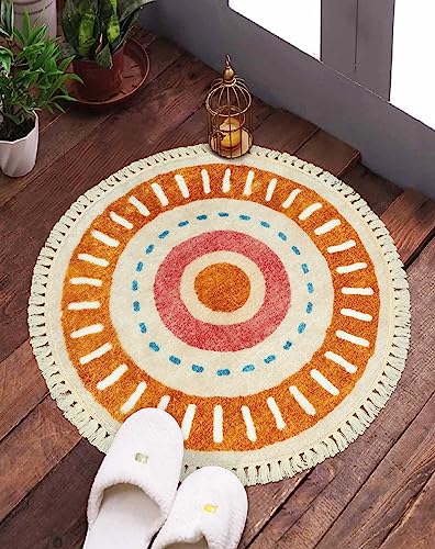 Lukinbox Boho Bathroom Rugs -2Ft Washable Round Area Rug, Soft Circle Bedroom Rug with Fringes, Small Colorful Non-Slip Sun Circular Rainbow Throw Rugs for Kids Room Chair Sofa Entryway - size: 2' (Round)