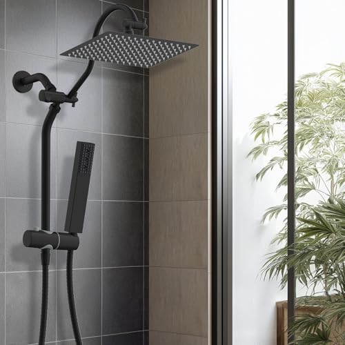 Hibbent 12'' Rainfall Shower Head with 4-mode Handheld Spray, Matte Black | High Pressure Showerhead Combo, 12'' Adjustable Extension Arm, Extension Bar, Easy Reach Holder, 71'' Hose - color: Matte Black, style: Square 12''