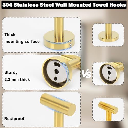 Livabber Bathroom Towel Hooks, 304 Stainless Steel Robe Shower Hooks Wall Mounted, Heavy Duty Towel Hangers for Bathroom Kitchen Bedroom (4 Pack, Gold) - color: Gold, size: 4 Pack