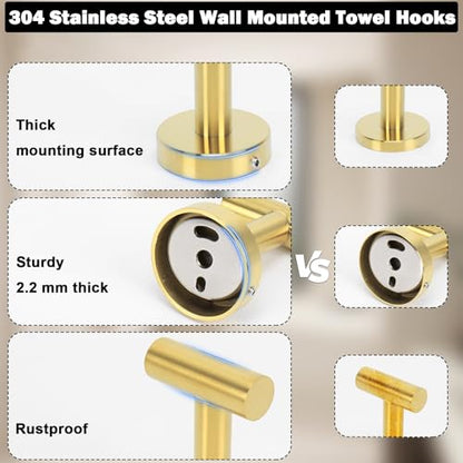 Livabber Bathroom Towel Hooks, 304 Stainless Steel Robe Shower Hooks Wall Mounted, Heavy Duty Towel Hangers for Bathroom Kitchen Bedroom (4 Pack, Gold) - color: Gold, size: 4 Pack