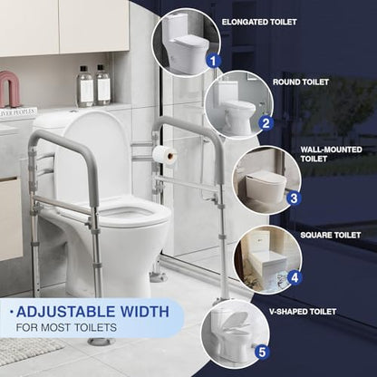 Foldable Toilet Safety Rails for Seniors, Height & Width Adjustable | Safety Frame & Toilet Handles for Elderly & Disabled, Fits Most Toilets, 350lb Capacity, Gray - color: Gray