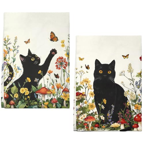 Accnicc 2 Pack Black Cat Bathroom Hand Towels Decorative Spring Floral Dish Kitchen Towel 16x27 Inch Botanical Butterfly Mushroom Wildflowers Absorbent Soft Microfiber Bath Towels Hotel Spa Decor - color: Black Red