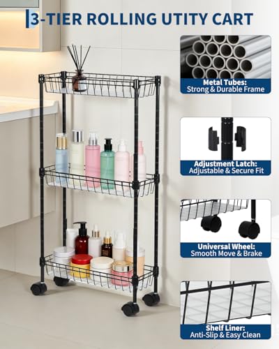GarveeHome Slim Rolling Storage Cart, 3 Tier Metal Utility Cart with Wheels, Adjustable Shelving Unit Basket for Kitchen Bathroom Laundry Room Living Room & Narrow Corner, 15.75"X5.91"X31.5", Black - size: 3 Tier