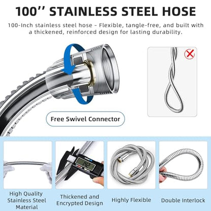 G-Promise 2 Mode Dog Shower Attachment with Extra Long Hose | High Pressure, with Flow Control Lever, Easy to Install, No-Drill Hook Mount - color: Chrome, size: 100 Inch Hose