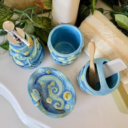 4 Piece Van Gogh Starry Night Ceramic Bathroom Accessory Set, Blue Art Decor with Soap Dispenser, Toothbrush Holder, Tumbler, Soap Dish
