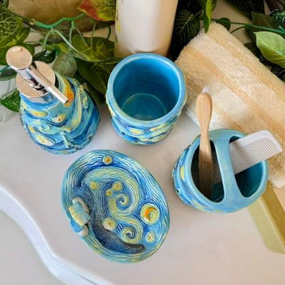 4 Piece Van Gogh Starry Night Ceramic Bathroom Accessory Set, Blue Art Decor with Soap Dispenser, Toothbrush Holder, Tumbler, Soap Dish