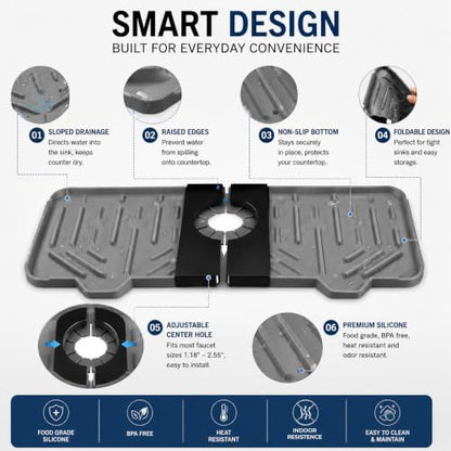 Sink Splash Guard [2-Pack, Grey] - 14.6" Silicone Faucet Mat for Kitchen Sink, Drip Catcher & Countertop Protector | Foldable Kitchen Sink Faucet Mat, Water Drainage Pad for Bathroom & RV