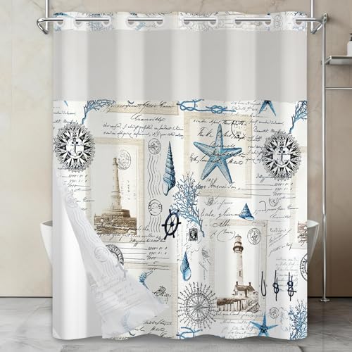 No Hook Vintage Nautical Shower Curtain with Waterproof Snap-in Liner, Ocean Themed Stamps Retro Shower Curtain with Mesh Top Window, Quick Dry Cloth Shower Curtains for Bathroom, 71"W x 74"L - color: Vintage Nautical Stamps