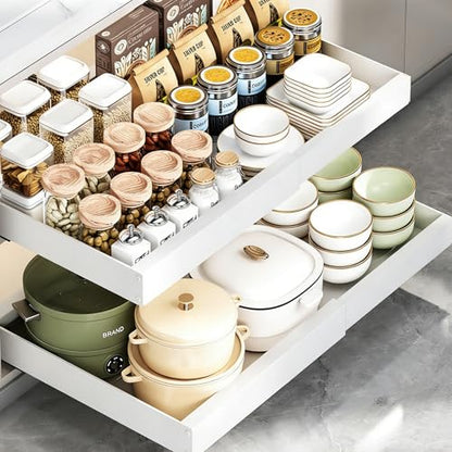 2PCS Expandable Pull Out Cabinet Organizer pots and pans organizer under cabinet Upgrade 3 Slide Rails Slide Out Drawers Roll Out Shelves Adhesive,Adjustable Width - size: (2pcs)16.54"D x12.6~20.5"W x 2.76"H