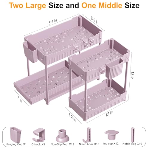 3 Pack Under Sink Organizers, 2-Tier Multi-Use Kitchen and Bathroom Organizers and Storage with Sliding Drawers, Bathroom Cabinet Organizer (Pink, 14.8 Inch) | Multi-use kitchen & bathroom storage, 14.8 inch pink cabinet organizer, space-saving sliding dr