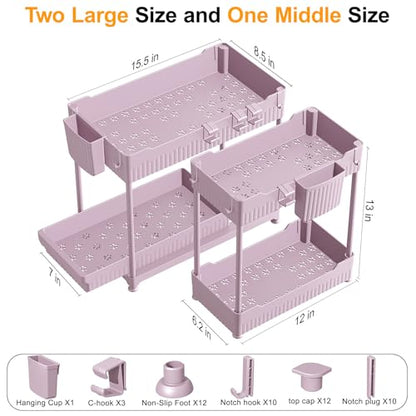 3 Pack Under Sink Organizers, 2-Tier Multi-Use Kitchen and Bathroom Organizers and Storage with Sliding Drawers, Bathroom Cabinet Organizer (Pink, 14.8 Inch) | Multi-use kitchen & bathroom storage, 14.8 inch pink cabinet organizer, space-saving sliding dr