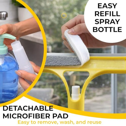 3-in-1 Window Squeegee with Spray Bottle, Handheld Glass Cleaning Tool with Microfiber Scrubber and Silicone Blade, Refillable Window Cleaner for Mirrors, Shower Doors, Tiles & Car Windows (Blue) - color: Blue