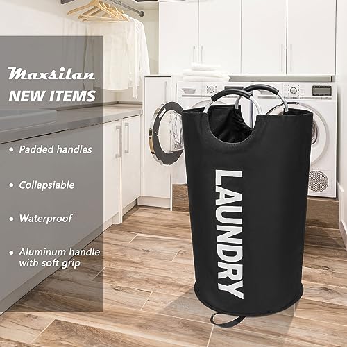Maxsilan 90L Large Laundry Basket Bag, Collapsible Tall Hamper, Black | Freestanding tall laundry bag & foldable washing basket. Large capacity clothes storage bin with durable sturdy handles - color: Black, size: 90L