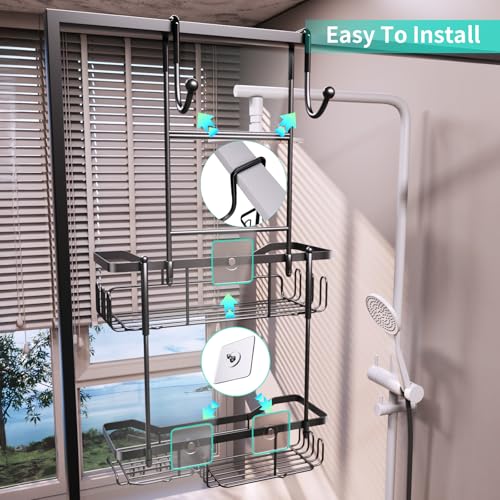 HapiRm Hanging Shower Caddy Over the Door with Soap Holder, No Drilling Adhesive Shower Organizer with 11 Hooks, Rustproof & Waterproof 304 Stainless Steel Bathroom Shelves - Black - color: A-Black
