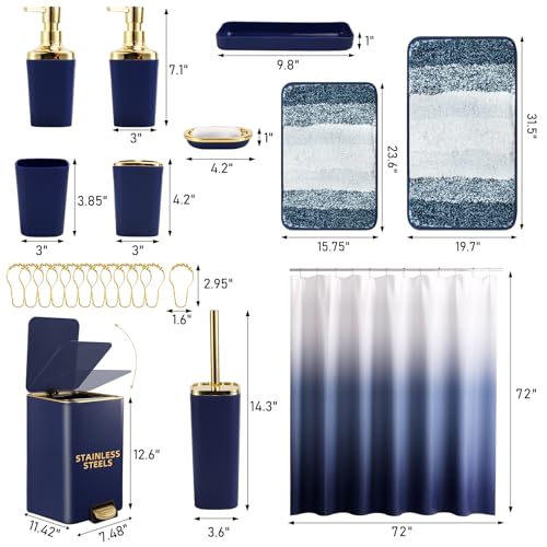 Bathroom Sets with Shower Curtain and Rugs Bathroom Accessories Set Navy Blue Bathroom Set,Soap Dispenser & Toilet Brush Holder Set with Stainless Steel Trash Can(23 PCS) - size: Navy Blue, style: Bath Set+Ombre Waffle Shower Curtain+Bath Rugs