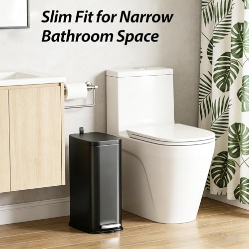 1.6 Gal Small Bathroom Trash Can with Lid, Step Pedal, Slim Black | Stainless Steel Garbage Can, Soft Close Lid, Removable Inner Bucket, Includes 60 Trash Bags for Restroom Bedroom - color: Silver and Black