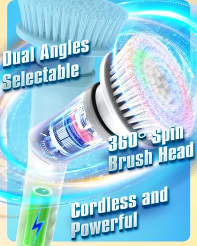 Electric Spin Scrubber, Cordless Shower Spin Scrubber with 6 Replacement Brush Heads & Adjustable Extension Arm, 2H Bathroom Scrubber Dual Speed, Power Spin Scrubber for Bathroom Car Floor Grout Sink