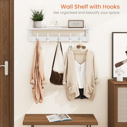 Homode Coat Rack With Wall Shelf, 29" Wooden Entryway Floating Shelf With Hooks Underneath, Hanging Coat Hanger for Bathroom, Living Room, Bedroom, Hallway, White - color: White, size: 29 Inch Long