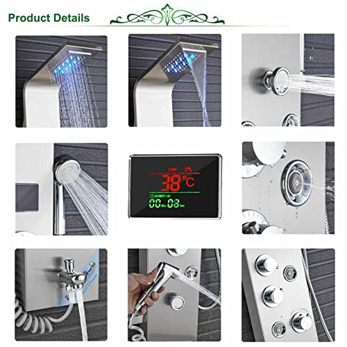 Shower Panel Tower System Stainless Steel LED Rainproof and Waterfall Massage Body Jets