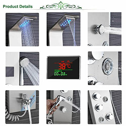 Shower Panel Tower System Stainless Steel LED Rainproof and Waterfall Massage Body Jets