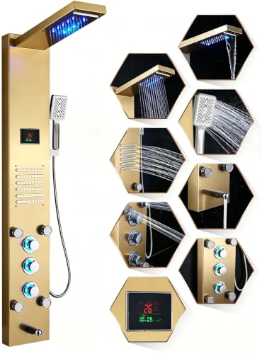 ELLO&ALLO LED Stainless Steel Bathroom Shower Panel Tower System, Rainfall Waterfall Shower Head Rain Massage System with Body Jets, Brushed Gold - color: Gold
