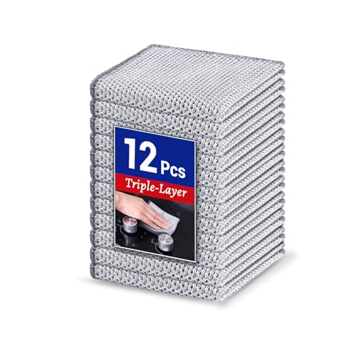 Wangjinpeng 12 PCS 3-Layer Non-Scratch Multipurpose Steel Wire Dishcloths - Reusable Quick-Dry Odor-Free Scrub Cloths for Dishes, Kitchen Cleaning Cloths for Cookware, Sinks, Stove Tops(9.84X9.84) - color: 12pcs Triple Layer Silver, size: 9.84x9.84-12pcs