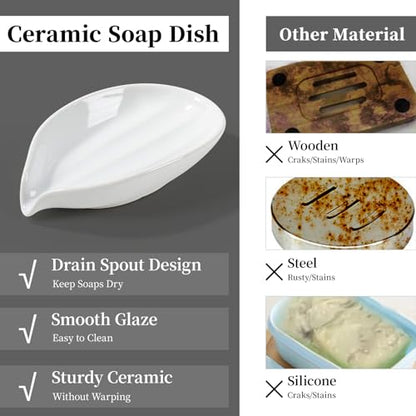 Soap Holder, Self-Draining White Soap Dish, Leaf Shape Ceramic Bar Soap Holder Drain Soap Dishes for Bathroom Sink Kitchen, Easy to Clean Keeps Soap Dry, ANTIS'S HOME - color: White-1pcs-line