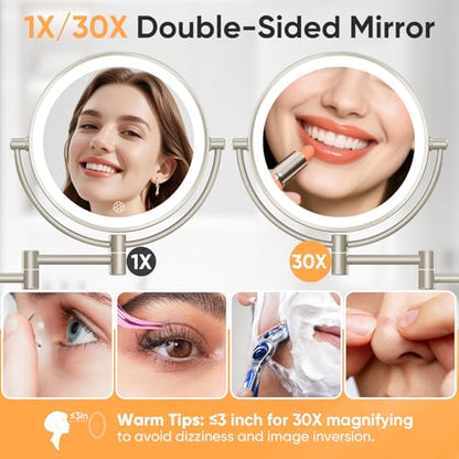 FUNTOUCH Plug in Wall Mounted Lighted Makeup Mirror 1X/30X Magnifying | AC Powered Double-Sided Magnification Bathroom Mirror with Lights,3Lighting Mode,Extended Arm 360 Rotation Light up Mirrors - color: Nickel