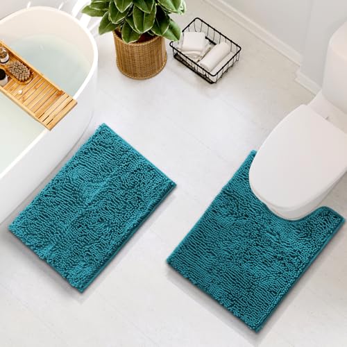 Hearth & Harbor Bathroom Rugs, Chenille Bath Mat - Machine Washable Bath Mats for Bathroom Non-Slip Backing Rubber, Quick Dry Bathroom Mat - Teal Blue 17x24-20x24 - color: Teal, style: 17 x 24 + 20 x 24